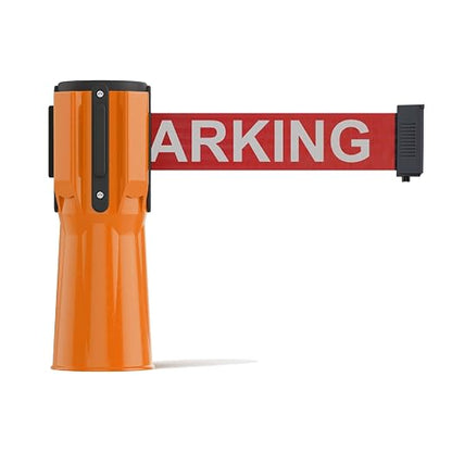 Trafford Industrial 11 Ft Cone-Mounted Retractable Belt Barrier, No Parking | Orange ABS Case, Red 2-inch Herringbone Webbing with White Lettering, 4-way Receiver and Belt-braking Retraction.