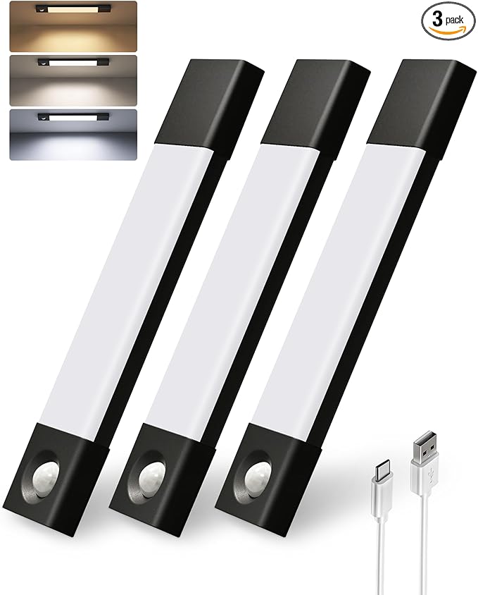 EZVALO Under Cabinet Lighting, Wireless Closet Lights, 30 LED Rechargeable Motion Sensor Light, Dimmable, 3 Color Temperatures, Counter Lights for Kitchen, Pantry, Bedroom, Wardrobe(3 Pack, Black)