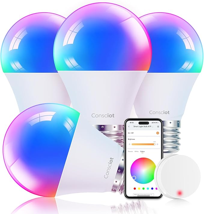 Consciot Smart Light Bulbs with Remote Control, LED Light Bulb That Works with Alexa & Google Home & Sengled LED Smart Light Bulb (A19), Matter-Enabled, Multicolor, Works with Alexa, 60W Equivalent