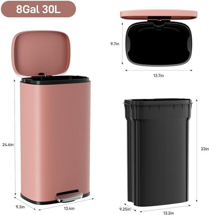 Arlopu 8/13.2 Gallon Step Trash Can, Stainless Steel Garbage Bin, Soft-Close Rubbish Bin with Removable Plastic Inner Bucket, Fingerprint-Proof, Lid Dustbin, Suit for Kitchen Home (Pink, 30L)