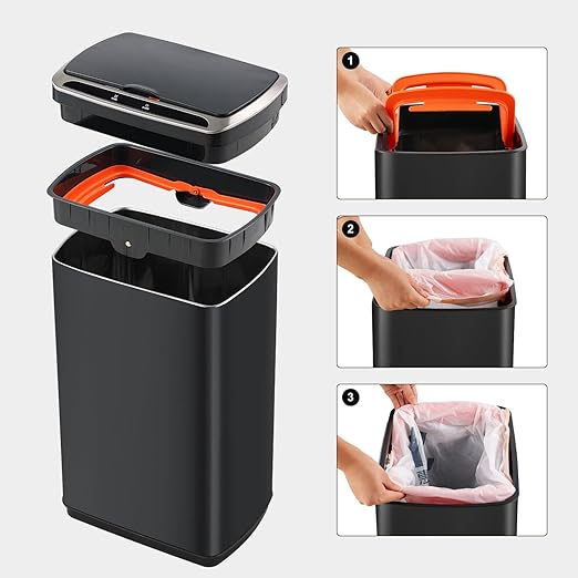 ELPHECO 50 Liter / 13.2 Gallon Rectangular Kitchen Trash Can, Brushed Stainless Steel Finish Motion Sensor Trash Can, Automatic Trash can for Kitchen, Living Room, Office, 3 AA Batteries, Black