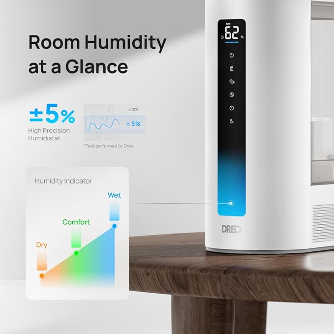 DREO 6L Humidifier Large Room, Warm & Cool Mist Humidifiers for Bedroom, 60H Runtime, 12H Timer, Top Fill, Humidity Indicator Light, Baby, Plants, Easy Clean, HM713