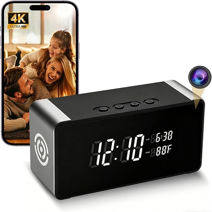 Hidden Camera Clock 4K HD WiFi, Wireless Camera with Night Vision Motion Detection, Nanny Cam for Home Security Indoor, Remote Live Stream Surveillance Camera