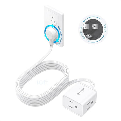 TROND 360 Rotating Flat Plug Extension Cord 10ft, 3 AC, ETL Listed, White