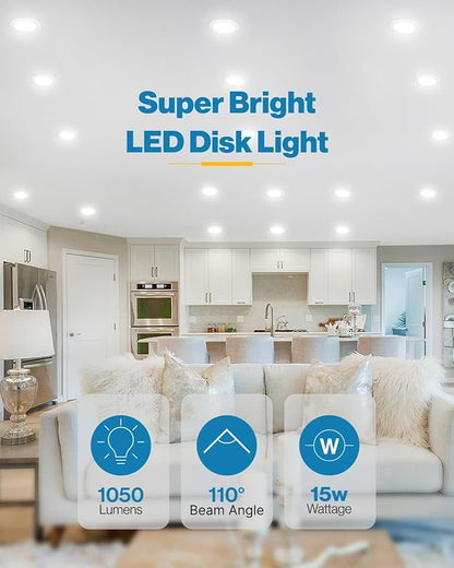 Sunco 12 Pack 5/6 Inch LED Disk Lights, Disc Lights Ceiling, LED Flush Mount Recessed Can Lighting, 1050 LM, 3000K Warm White, Dimmable, 15W=75W, Damp Rated ETL.