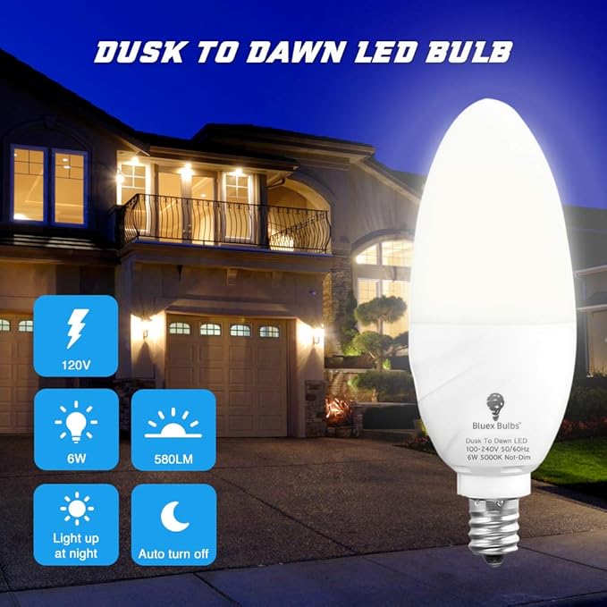 6 Pack BlueX Dusk to Dawn LED Bulbs, 6W E12 Base Light Bulb - 65W Equivalent – 5000K Daylight White - Smart Light Sensor Candelabra Bulb, Home Security Driveway, Yard, Porch Lighting