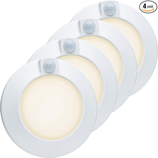 Closet Lights Motion Sensored Indoor Ceiling Mount LED-10W 3000K Closet Stair Porch Ceiling Pantry Motion Activated Light 6-7/8 Inch 90CRI 600lm Hardwire to Junction Box, No Battery, Damp Rated 4 Pack