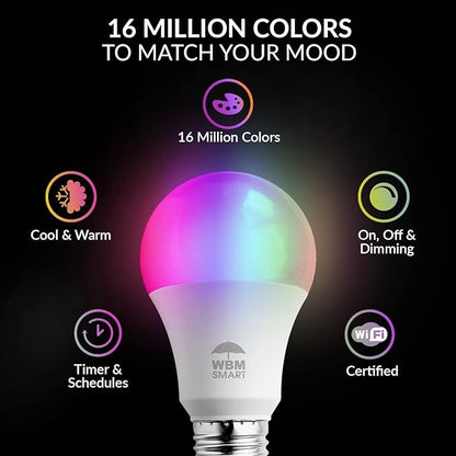 WBM SMART LED Color Changing Lights, Compatible with Alexa & Google Assistant, RGBW 2700K-6500K, 60 Watt Equivalent Multicolor, Dimmable with App, A19 E26, No Hub Required, 2.4GHz WiFi Only, 4 Counts