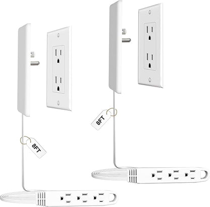 CABOCASA 2 Pack 8FT Ultra Flat Plug Extension Cord Power Strip with 3 Outlets, Patented Detachable Ultra-Thin Outlet Cover Concealer & Ultra-Flat Plug, Max. 13A 125V 1625W ETL Listed, White Color