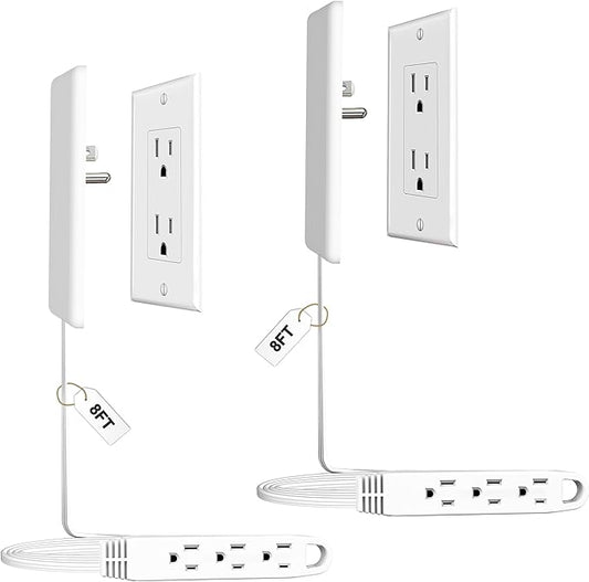 CABOCASA 2 Pack 8FT Ultra Flat Plug Extension Cord Power Strip with 3 Outlets, Patented Detachable Ultra-Thin Outlet Cover Concealer & Ultra-Flat Plug, Max. 13A 125V 1625W ETL Listed, White Color