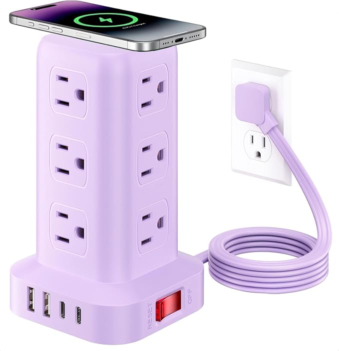 Extension Cord with Multiple Outlets, SMALLRT Outlet Extender with 12 AC Outlets 4 USB, 6.5FT Power Strip Tower for Home Office Supplies, Purple