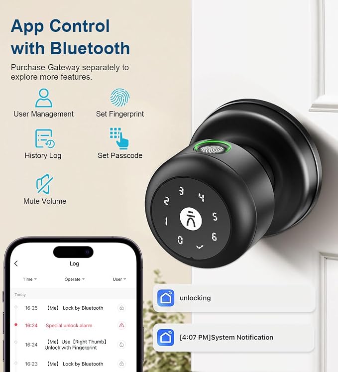 Smart Door Knob with Lock,Keyless Entry Fingerprint Door Lock,Morden Black | Smart Lock with Auto-Lock , App, Key, Fingerprint Door Locks with Keypad for Front Door, Apartment, Hotel, Interior, Exterior