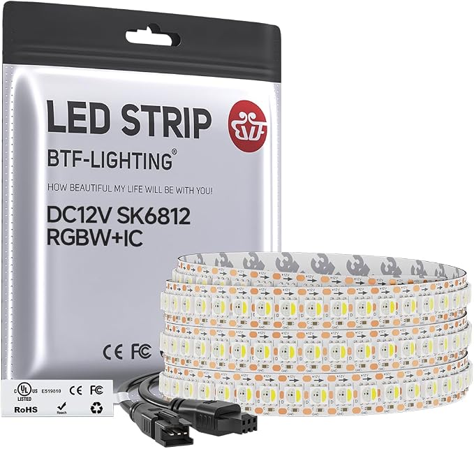 BTF-LIGHTING RGB+Cool White SK6812 LED Strip 3.28FT 144LED IP30 DC12V | RGBW Individually Addressable UL Listed 4 Colors in 1 Light (Similar WS2812B) White PCB(No Adapter or Controller)