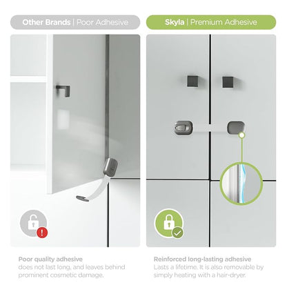 SKYLA HOMES Child Safety Cabinet Locks, Metallic Gray, 2 Pack | ABS and TPE adhesive latches for cabinets, drawers, ovens and toilet seats; no screws or magnets needed