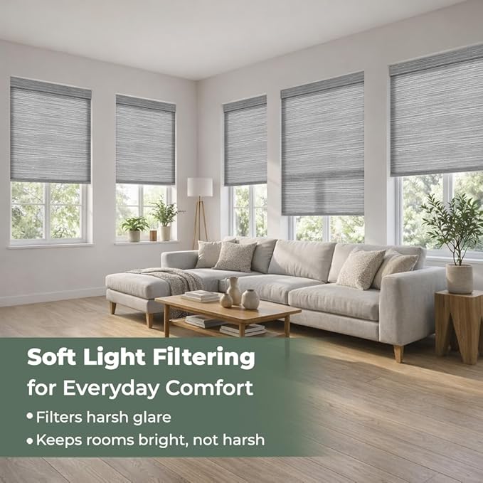 ZSHINE Motorized Linen-Look Roller Shades for Windows, Rechargeable Smart Light Filtering Blinds Compatible with Alexa (82190D)