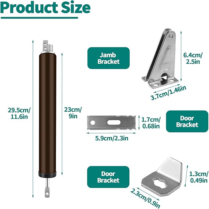 2 PCS Screen and Storm Door Closer Kit, Heavy Duty Pneumatic Screen and Storm Door Closer, Screen and Storm Door Push Button Latch Set Replacement Kit, Adjust Smooth Closing Speed (Brown)