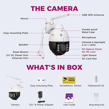 xmartO Vandal-Proof 4K PTZ Security Camera, 5X Zoom Outdoor WiFi Dome with Floodlights & Siren, 24/7 AI Human Detection, Two-Way Talk, IP66 Weatherproof, SD Card/Cloud/NVR Storage