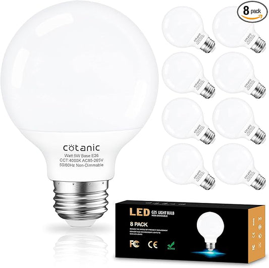 Cotanic Globe Light Bulbs,E26 Standard Base,5W,60 Watt Incandescent Equivalent,500LM,Non-Dimmable,8 Pack, G25 LED Vanity Light Bulb for Bathroom 4000K Daylight