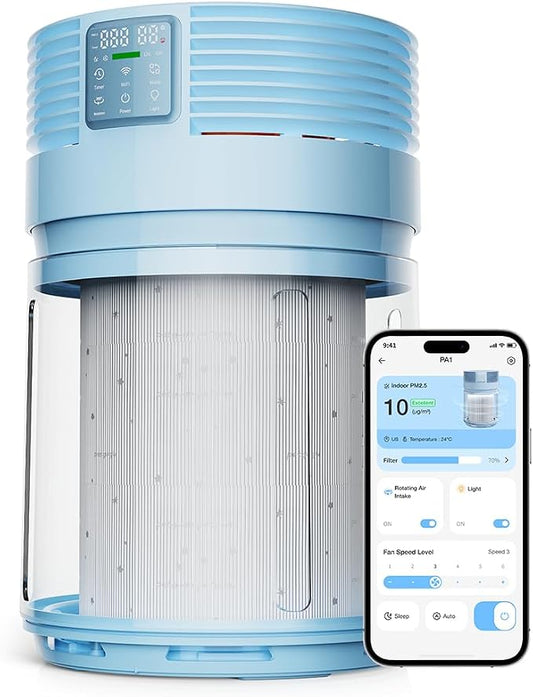 PETGUGU Air Purifiers for Home Bedroom Dorm with 360° Rotating Transparent Pre-Filter Pet Air Purifier H13 HEPA Air Quality Monitor Pet Hair Filter App Control