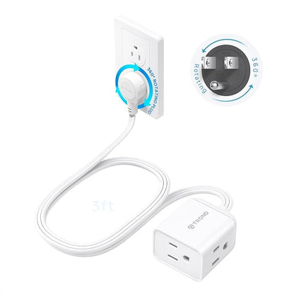 TROND Rotating Flat Plug Short Extension Cord 3ft, 3 AC, ETL Listed, White