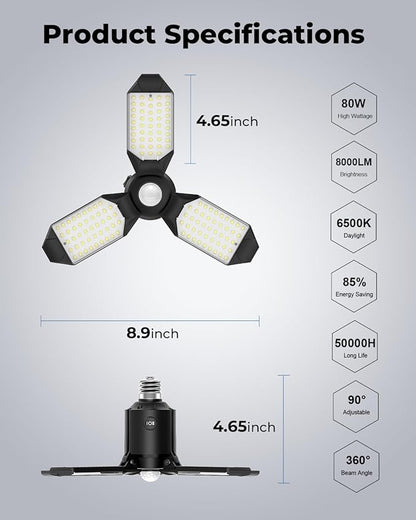 toberich Motion Sensor Garage Lights 4 Pack, 8000LM Motion Sensor Shop Light w/ 3 Switch Modes, 6500K Indoor Motion Activated Light Bulb for Garage, Workshop, Utility Room, Basement