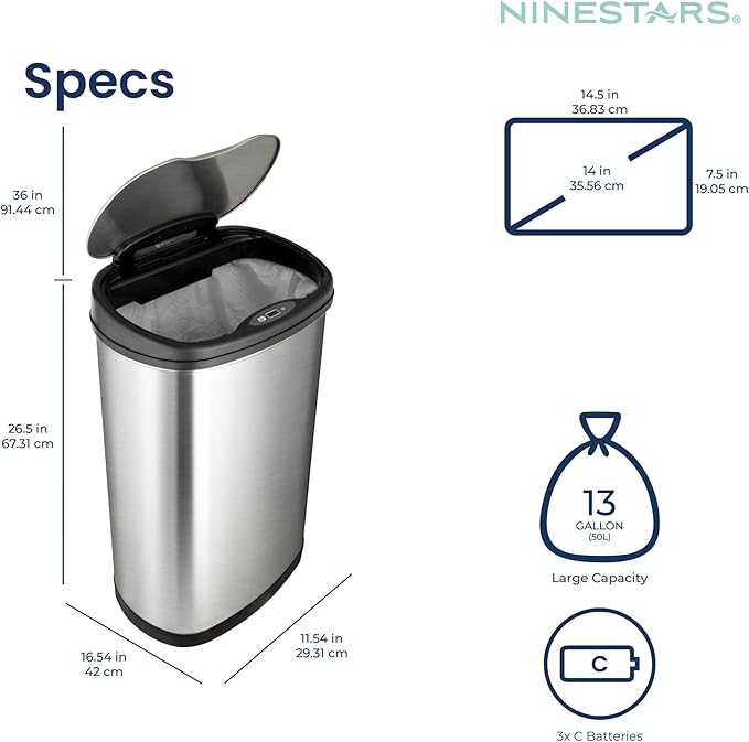 Ninestars 13 Gallon Oval Automatic Trash Can, 50L Touchless Motion Sensor Garbage Can with Odor-Sealing Lid & One-Touch Manual Mode, Silver Stainless Steel, Black Trim