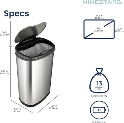 Ninestars 13 Gallon Oval Automatic Trash Can, 50L Touchless Motion Sensor Garbage Can with Odor-Sealing Lid & One-Touch Manual Mode, Silver Stainless Steel, Black Trim