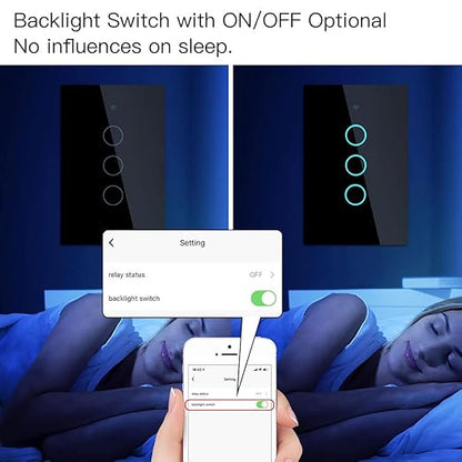 MOES Touch Wall Single Live Wire Smart Switch，No Neutral Wire Needed, 2.4GHz WiFi RF433 Light Switch Works with Smart Life/Tuya App, Alexa and Google Home, Single Pole 110V, Black 3 Gang