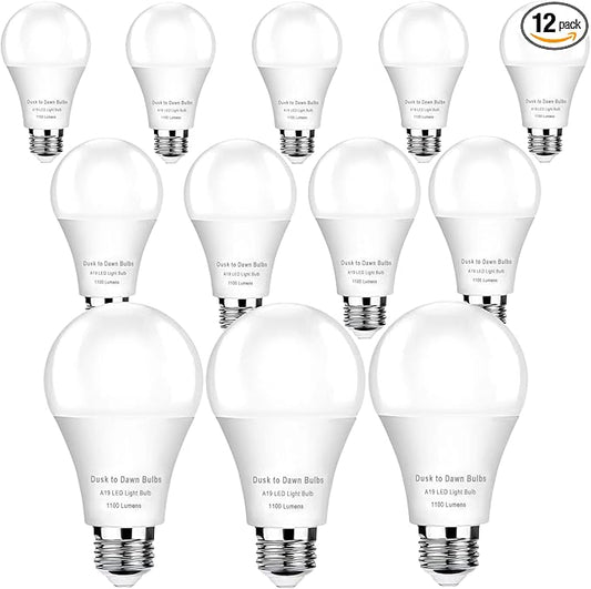 12-Pack Dusk to Dawn LED Outdoor Light Bulb, (Equivalent 75 watts) 10W 5000K Daylight 1100LM, Auto On/Off Light Sensor, E26 Base - Weatherproof for Porch, Yard & Garage