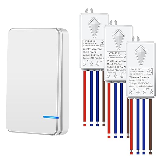 NineLeaf Wireless Light Switch Kit,No Wiring Mini Remote Switch,No WiFi Remote IP66 Waterproof for Ceiling Lights,Lamps,Fans,1969ft Outdoor 328ft Indoor Range,Up to 1000W LED(1Switch 3Receivers)