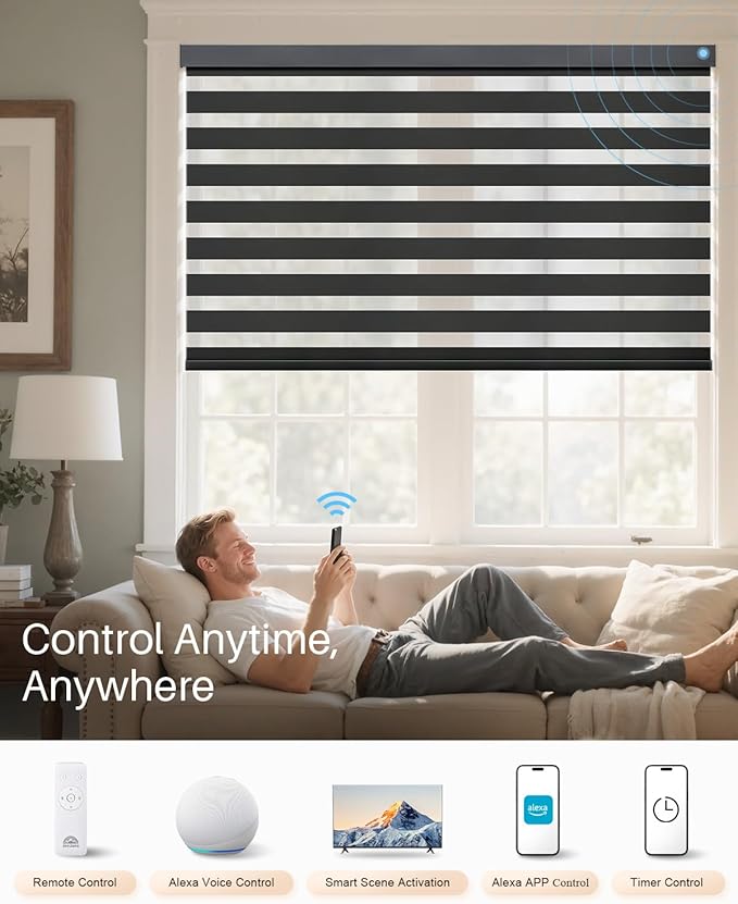 Smart Zebra Blinds for Windows, Alexa Motorized Blinds with Remote Control, Automatic Electric Power Zebra Shades for Indoor Windows (31" W x 72" H, Black)