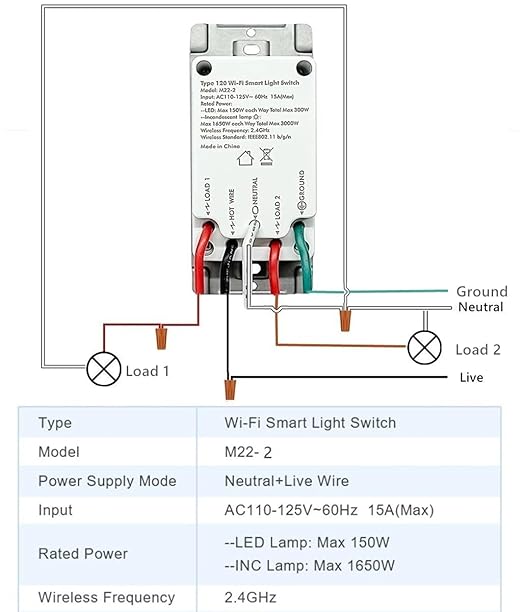 Nexete Smart Dual Light Switch - 2 in 1 Single Pole, Remote Voice Control, Smart Life App Compatible With Alexa Google Assistant, 2.4GHz Wi-Fi, Neutral Wire Required, White