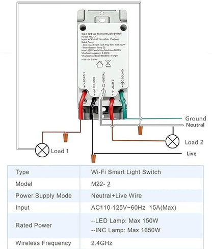 Nexete Smart Dual Light Switch - 2 in 1 Single Pole, Remote Voice Control, Smart Life App Compatible With Alexa Google Assistant, 2.4GHz Wi-Fi, Neutral Wire Required, White