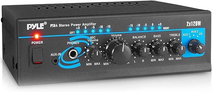 Home Audio Power Amplifier System - 2X120W Mini Dual Channel Mixer Sound Stereo Receiver Box w/ RCA, AUX, Mic Input - For Amplified Speakers, PA, CD Player, Theater, Studio Use - Pyle PTA4 Black