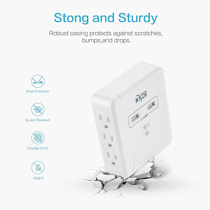 KMC Wall Surge Protector,6 Outlet Wall Mount Power Strip with 2 USB Charging Ports Total 2.4 AMP,Dual Slide-Out Smartphone Holders Design, Portable for Travel/Home/Office Use,ETL Certified