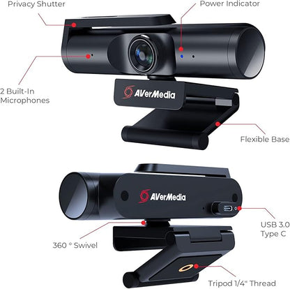 AVerMedia 4K webcam for PC, Gaming Camera for Streaming, Video Calls, Built-in Mic, Privacy Cover, for Teams, Google Meet, Zoom, OBS and more, for PC/Mac - PW513 Live Streamer CAM