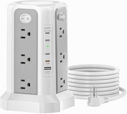 PASSUS PD 65W USB C Fast Desktop Charging Station, Tower Power Strip Surge Protector with 12 Widely Spaced AC Outlets|4 USB C|1 USB A, 10FT Extension Cord Overload Protection for Home Office Dorm