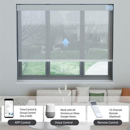 Motorized Solar Shades, Light Filtering Smart Blinds for Windows Automatic Blinds Compatible with Alexa, Falme Resistant Roller Shades Customized for Office Living Room (5% Openness Grey)