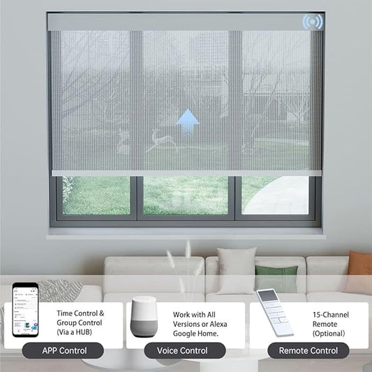 Motorized Solar Shades, Light Filtering Smart Blinds for Windows Automatic Blinds Compatible with Alexa, Falme Resistant Roller Shades Customized for Office Living Room (5% Openness Grey)