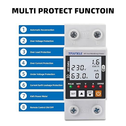 WiFi Smart Energy Meter AC 63A 80-300V WiFi Smart Earth Leakage Over Under Voltage Protector Relay Device Switch Breaker Energy Power kWh Meter Smart Life 110V,Compatible with Alexa Google Home