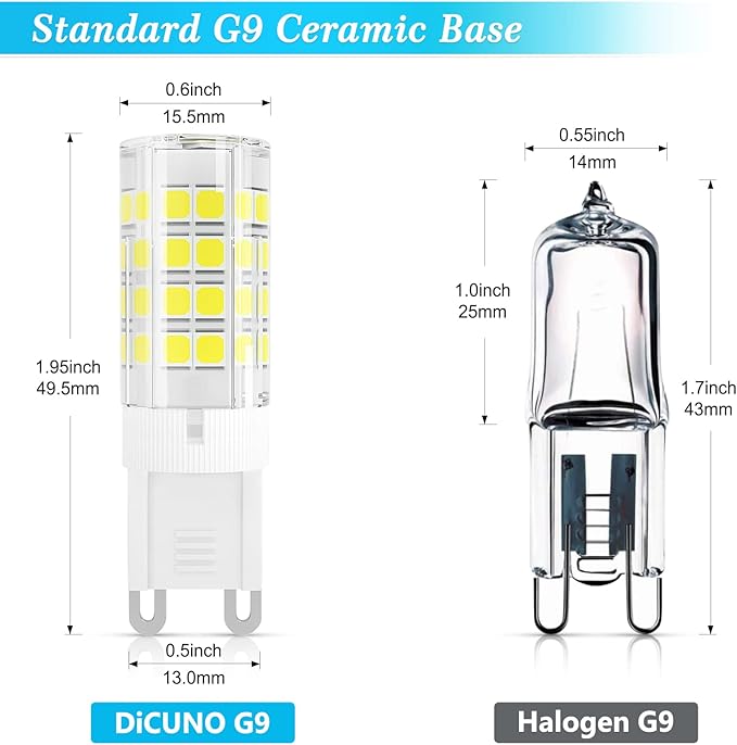 DiCUNO G9 LED Light Bulb 4W, 40W Halogen Replacement, Daylight White 6000K, 450 Lumen, G9 Bi-Pin Ceramic Base Bulb, 120V, Non-dimmable, for Chandelier Lighting, Pendant Light, 10-Pack