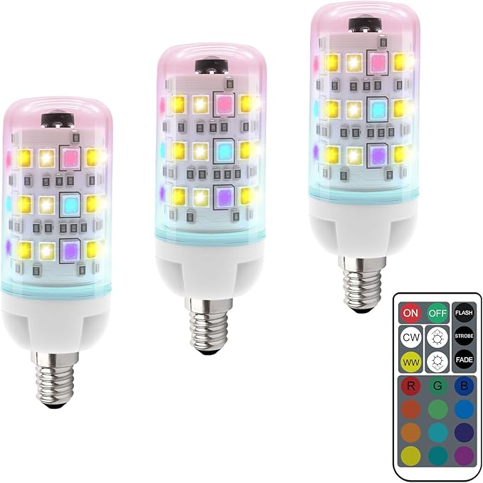 XRise E12 Color Changing Bulb with Remote Control, Dimmable 12 Colors+3000K+6000K, 2W LED E12 Candelabra Bulb 20W Incandescent Replacement, Memory Function, No Flicker, for Mooding Lighting, 3PACK