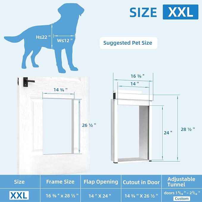 Automatic Dog Door with Doorbell Activation, 2-Flap Electronic Smart Pet Door with Anti-Pinch, No Collar Needed, Aluminum Lockable Weatherproof Telescoping Tunnel for Pets (Extra Large, Door Mount)