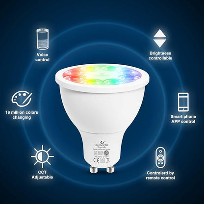 GLEDOPTO ZigBee 3.0 Smart 4W GU10 AC100-240V RGBCCT Spotlight Pro 25 Degree Beam Angle Color Change Bulb Dimmable Compatible with Amazon Echo Plus SmartThings App/Voice/RF Remote Control