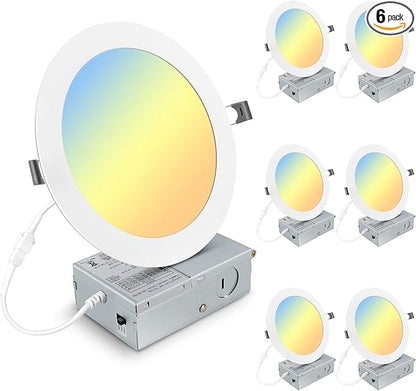 Elaruslux 6 Pack 7 Inch 3CCT Ultra-Thin LED Recessed Light with Junction Box, 3000K/4500K/6000K Selectable, 18W Eqv 125W, Dimmable Ceiling Lights 1600LM Brightness Canless Wafer Downlight