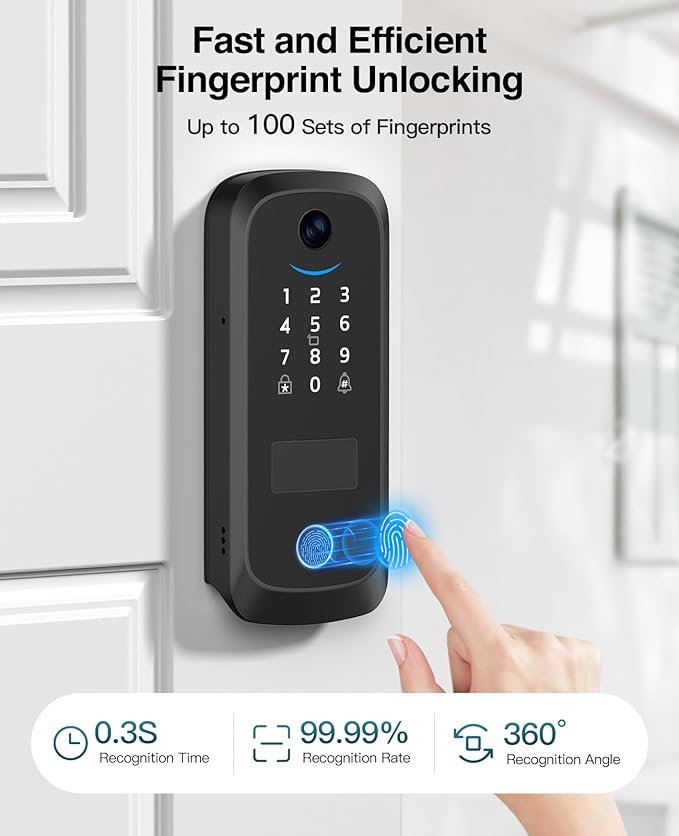 Video Smart Lock with Camera, Built-in Rechargeable Lithium Battery Entry Keyless Door Lock, App Control, Fingerprint ID, IC Card, Keypad Code, Auto Lock for Front Door (Black)
