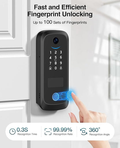 Video Smart Lock with Camera, Built-in Rechargeable Lithium Battery Entry Keyless Door Lock, App Control, Fingerprint ID, IC Card, Keypad Code, Auto Lock for Front Door (Black)