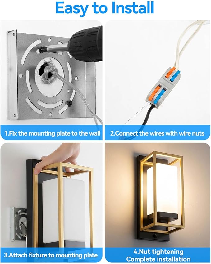 RAYVO Modern Outdoor Wall Light with Dusk to Dawn Sensor, Waterproof Exterior Lighting Fixtures with E26 Base, Bulb Included, Outdoor Sconce Lights for Porch Garage Entryway, Black Gold, 2 Pack
