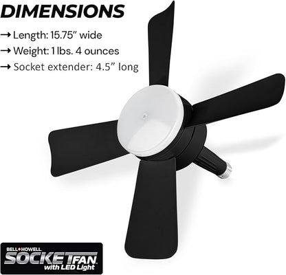 Bell+Howell Socket Breeze Deluxe, Small Ceiling Fan with LED Light and Remote, Adjustable Speeds and Brightness, Light Socket Fan for Bedroom, Kitchen, Living Room, 1000 Lumens