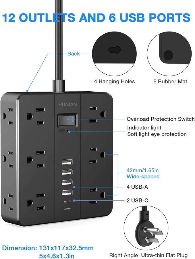 Power Strip Extension Cord, 10Ft Power Strip with USB | HUNIAN 12 Widely Spaced Outlets 6 USB Charger (2 USB C Ports), Desk Charging Station for Home Office Supplies, Black